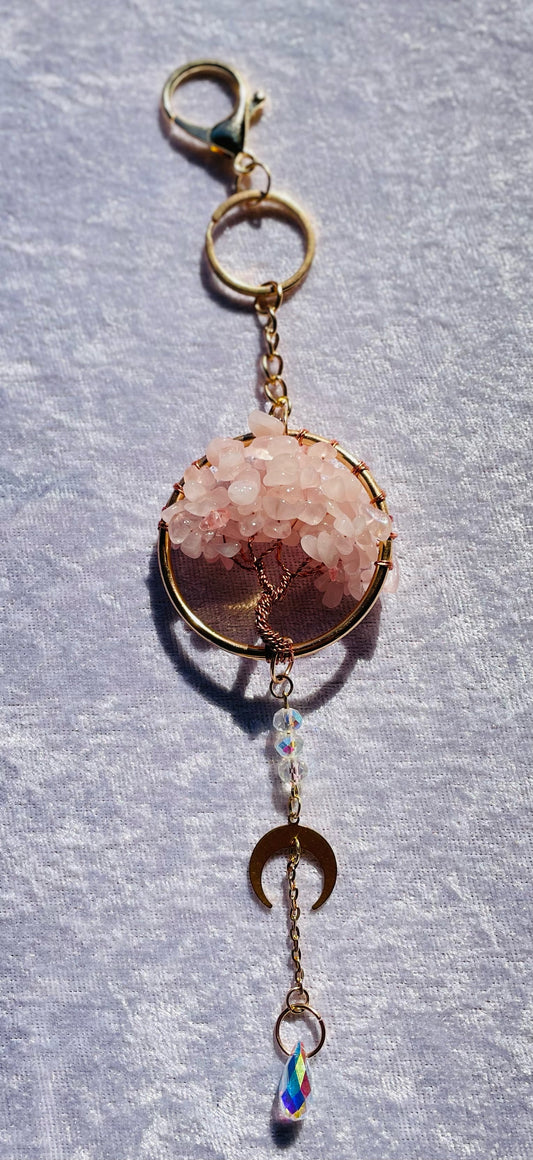 Rose quartz tree of life keychain