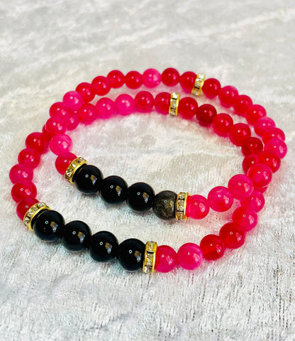 Rhodochrosite, black obsidian