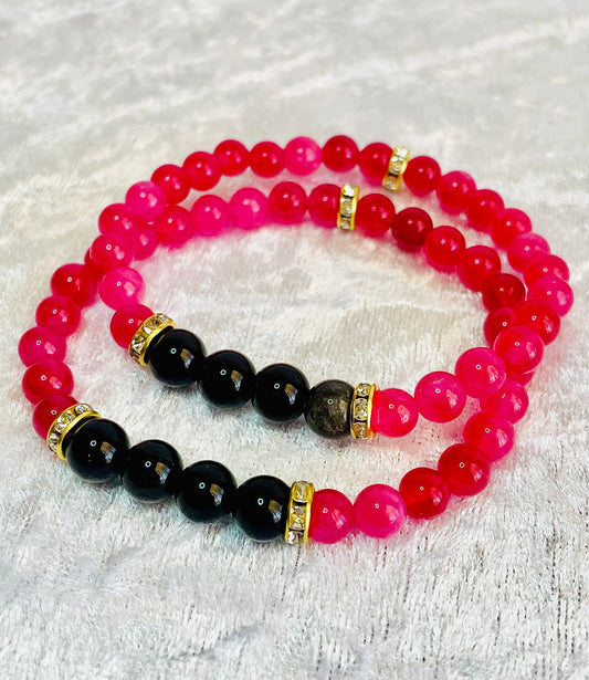 Rhodochrosite, black obsidian