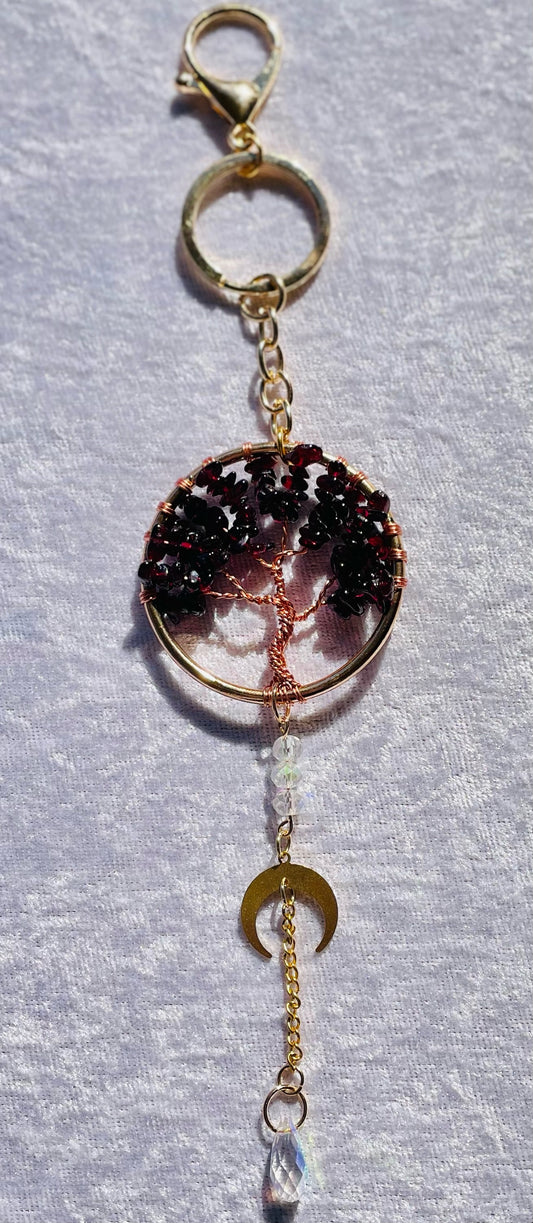 Garnet tree of life keychain